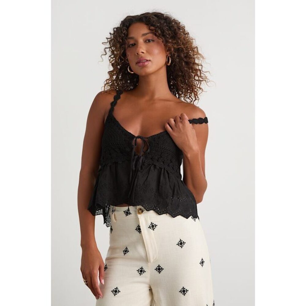 Lulus Maddy Black Mixed Media Tie-front Tank Top - Size M